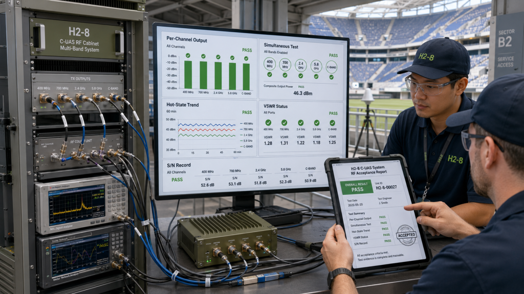 Engineer verifying RF Power Consistency with per-channel output, simultaneous testing, hot-state trends, and VSWR status