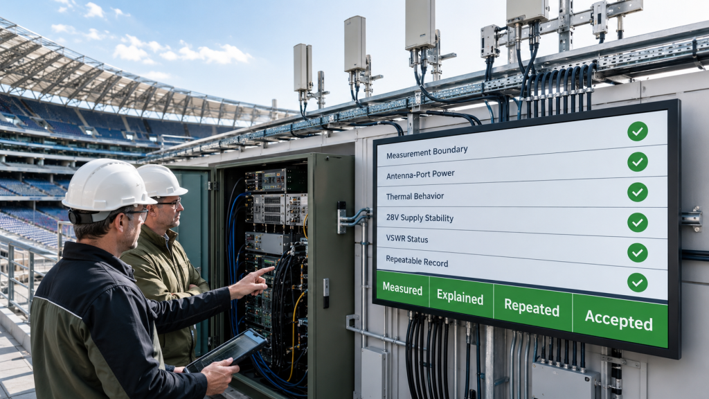 Final acceptance dashboard showing measured, explained, repeated, and accepted RF Power Consistency across multiple bands