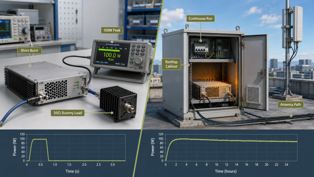 Short RF power burst test compared with RF Power Amplifier Continuous Output inside a rooftop cabinet and antenna path.
