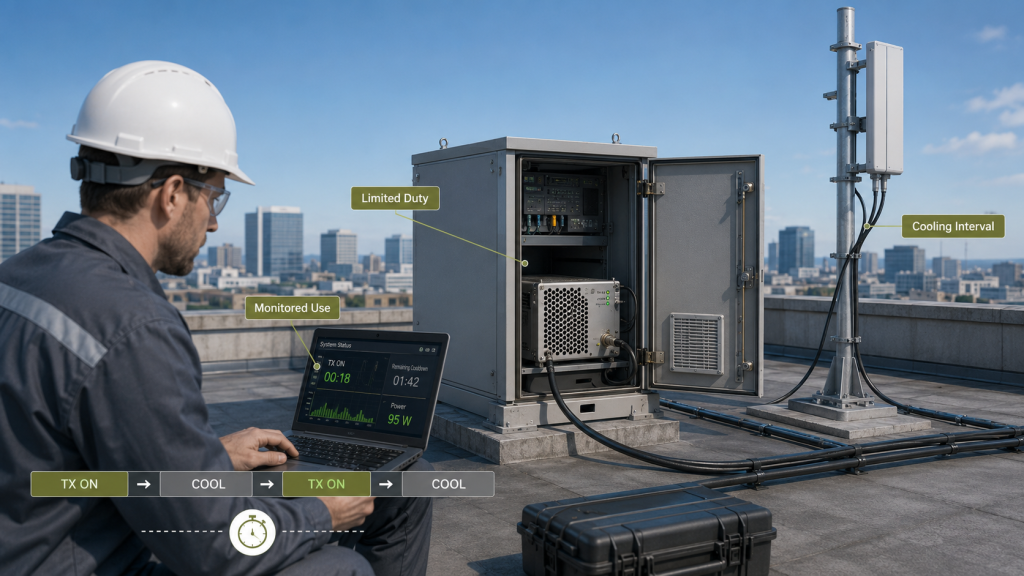 Pulse-like RF output with limited duty cycle, cooling interval, and monitored rooftop C-UAS operation.