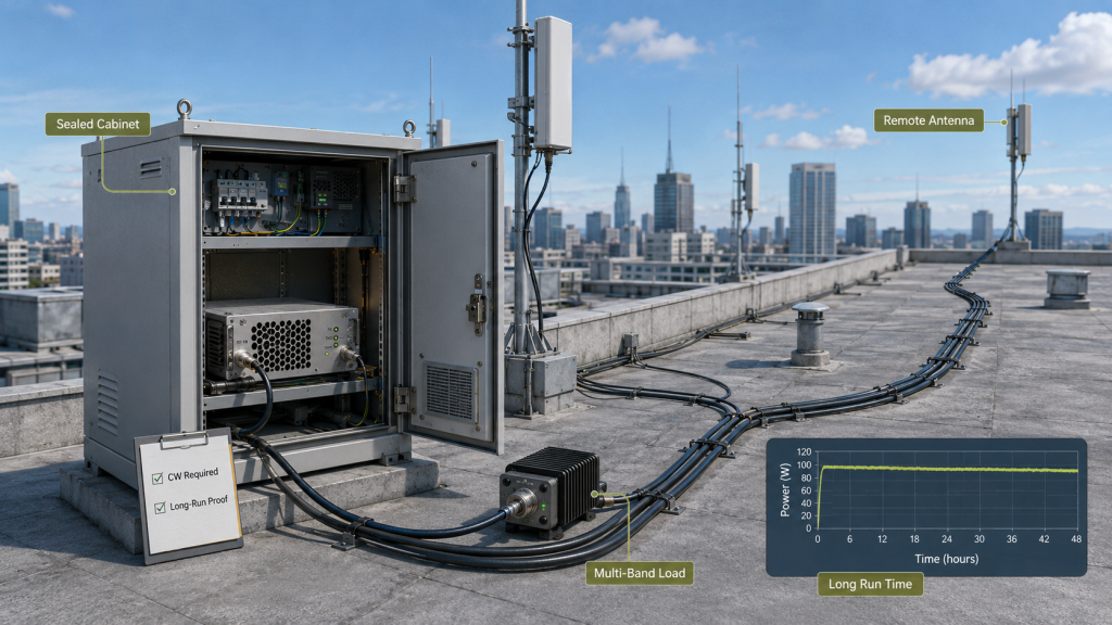 Rooftop C-UAS cabinet with summer heat, sealed enclosure, remote antenna, and long run time requiring continuous output.