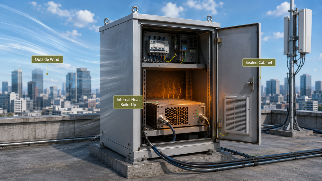 Rooftop C-UAS cabinet showing outside wind, sealed enclosure, internal heat build-up, and continuous RF output stability risk.