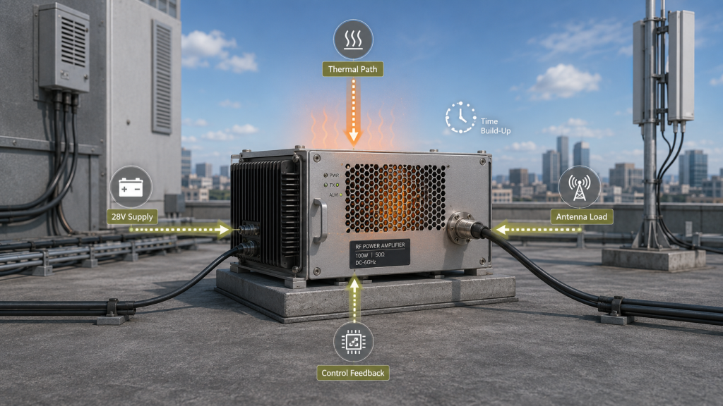 Thermal path, 28V supply, antenna load, and control feedback building up stress during RF Power Amplifier Continuous Output.