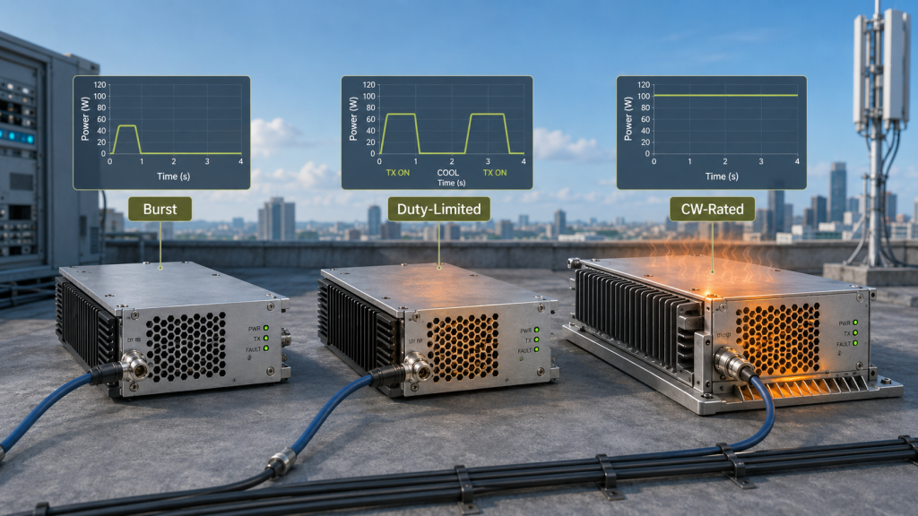 CW-rated, duty-limited, and burst-oriented RF Power Amplifier designs compared by operating time and thermal boundary.