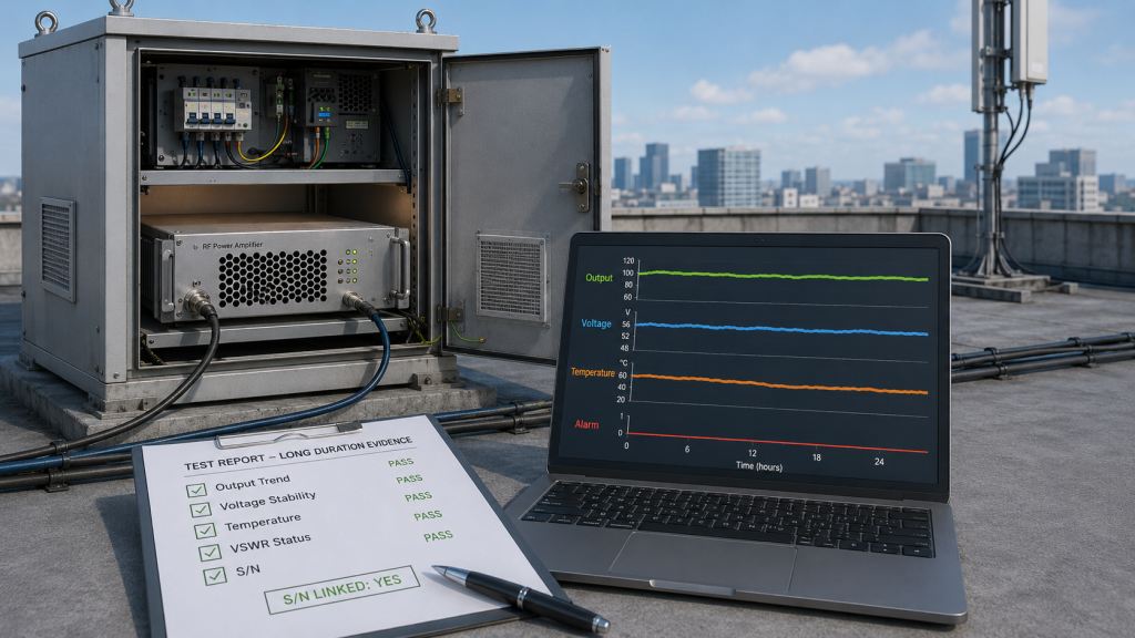 Continuous output test evidence showing output trend, voltage stability, temperature, alarm status, and S/N-linked report.