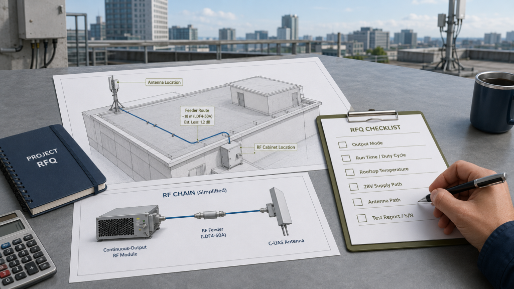 RFQ checklist for RF Power Amplifier Continuous Output with rooftop layout, duty cycle, supply path, antenna path, and test report.