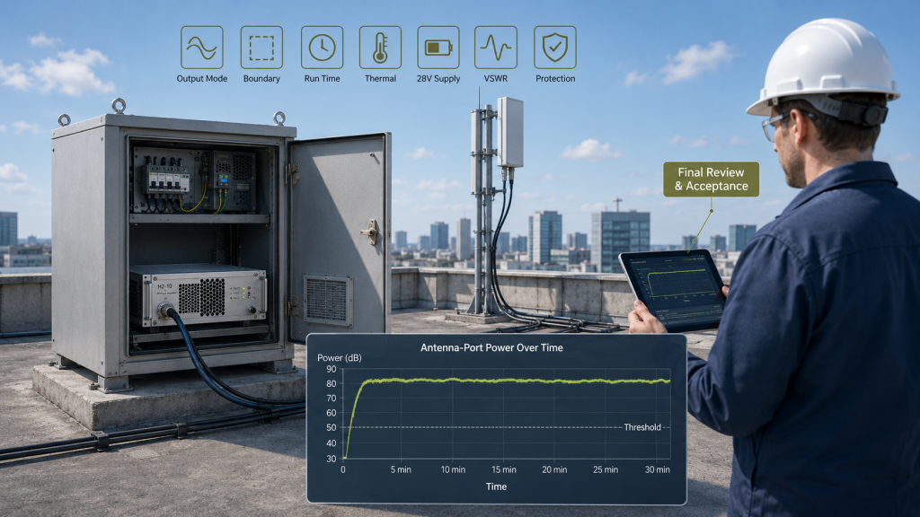 Final engineering review of stable RF Power Amplifier Continuous Output using antenna-port power trend, thermal status, 28V supply, VSWR, and protection feedback.