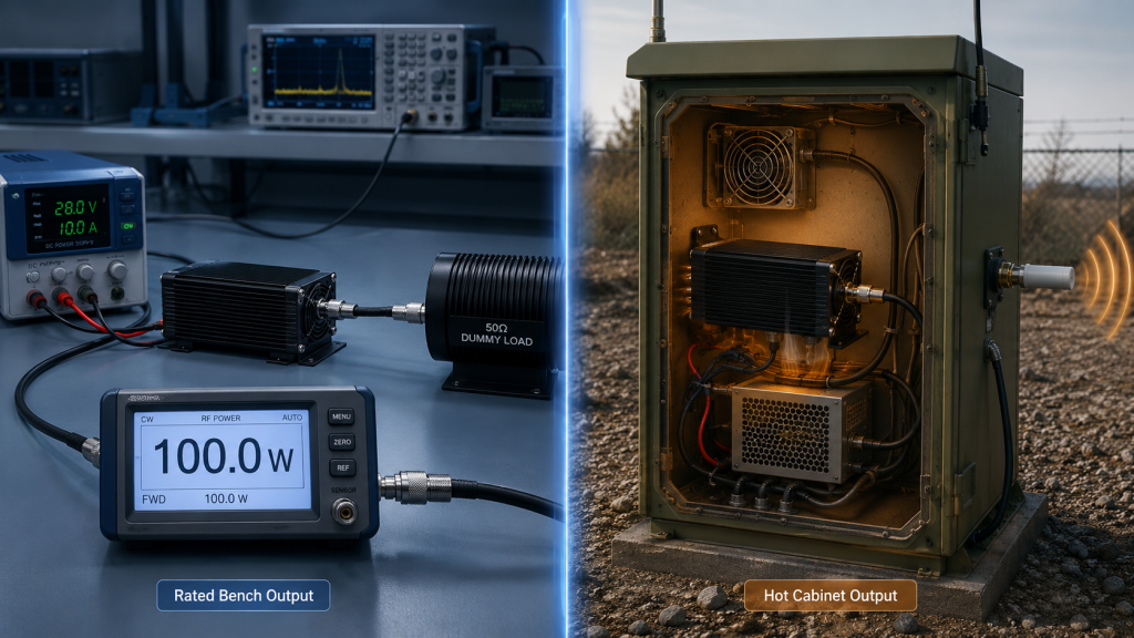 Rated RF power on a bench test compared with reduced hot cabinet output in an outdoor C-UAS system
