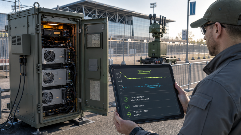 Engineer monitoring defined RF power amplifier derating with enough mission margin during temporary C-UAS event security