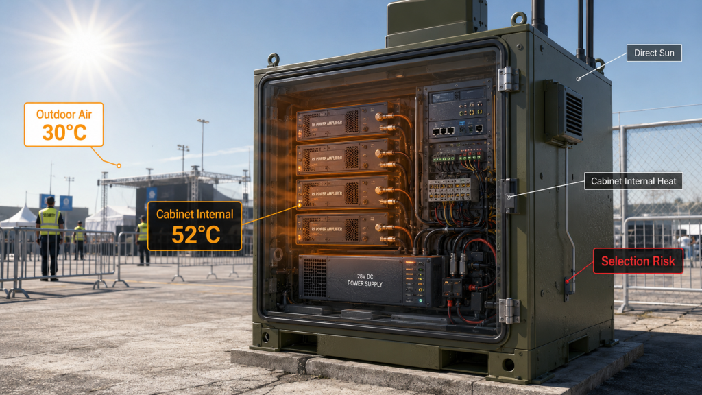 Outdoor cabinet showing higher internal temperature than outdoor air and creating RF power amplifier selection risk