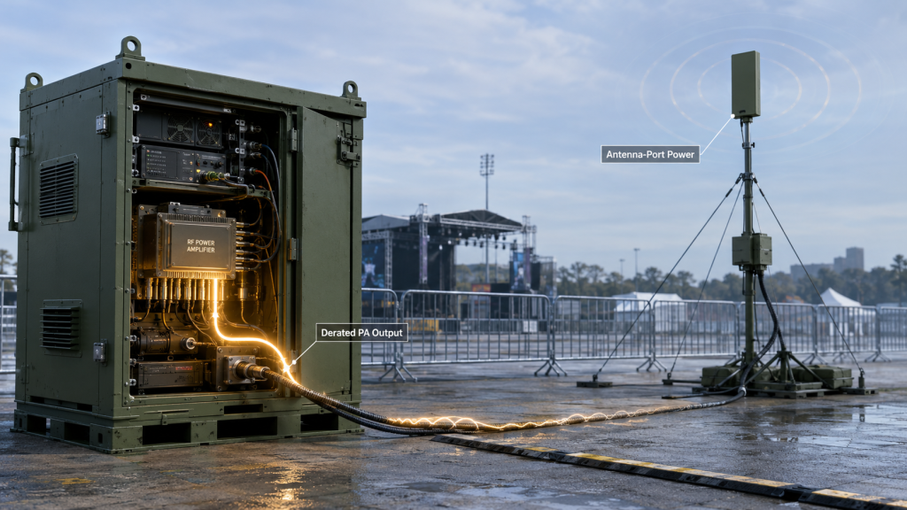 Derated RF output passing through cabinet output and feeder loss before reaching antenna port power in a C-UAS system