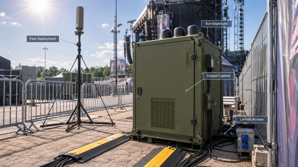 Temporary event C-UAS cabinet exposed to sun, closed enclosure conditions, fast deployment, and limited maintenance access