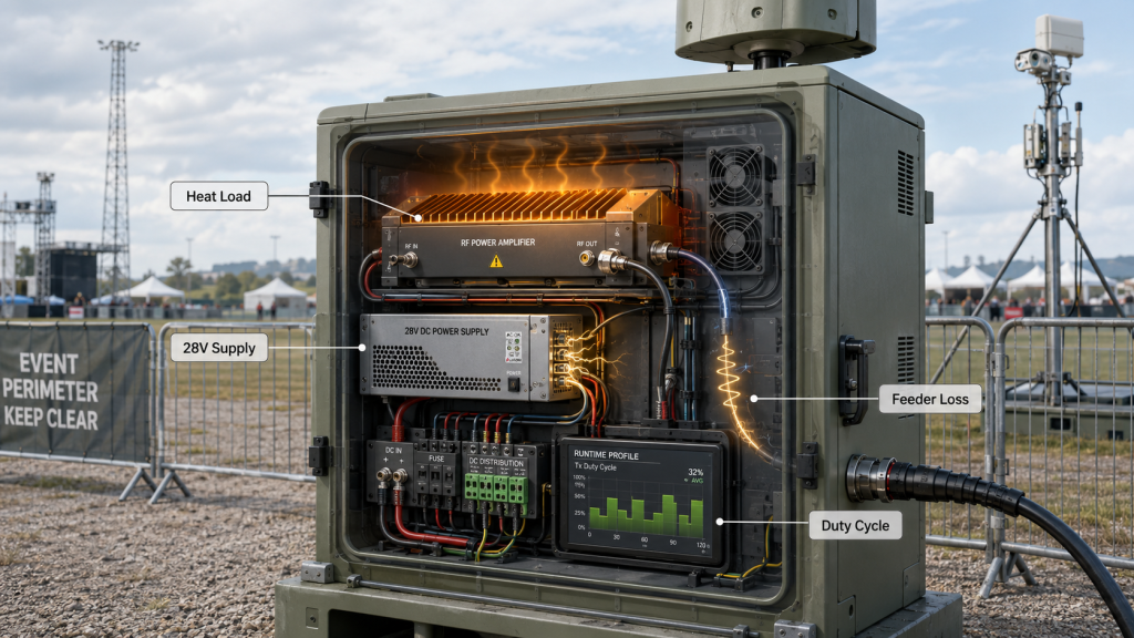 RF power amplifier cabinet showing heat load, 28V supply, feeder loss, and duty cycle as combined derating factors