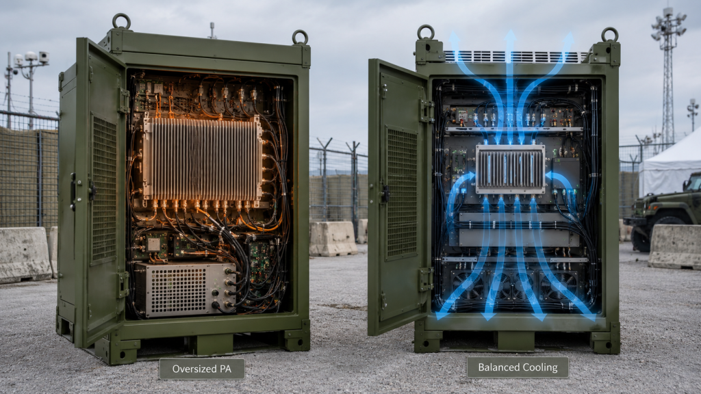 Oversized RF power amplifier compared with balanced cooling strategy for reducing hot cabinet derating risk