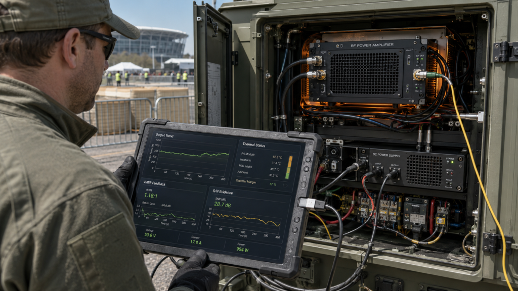 Engineer reviewing output trend, thermal status, VSWR feedback, and S/N evidence for derated RF power output