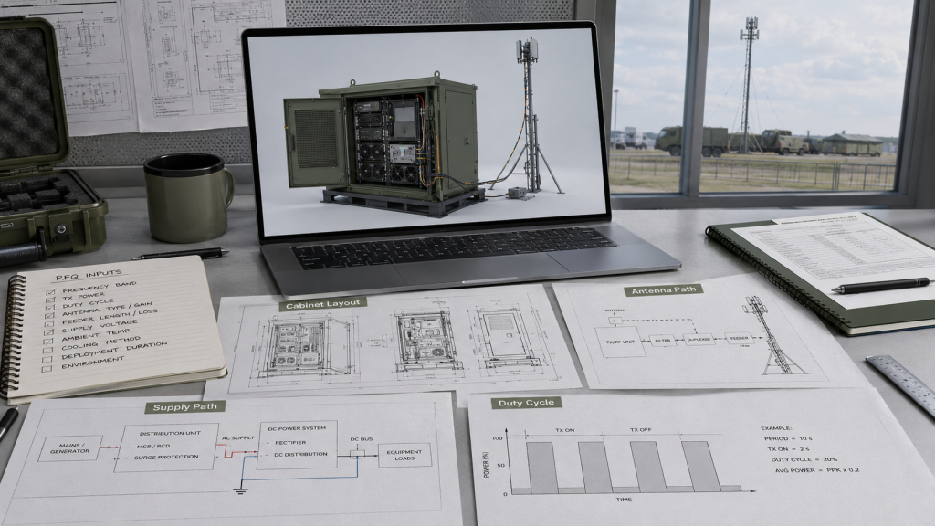 RFQ engineering review showing cabinet layout, duty cycle, supply path, antenna path, and operating temperature data