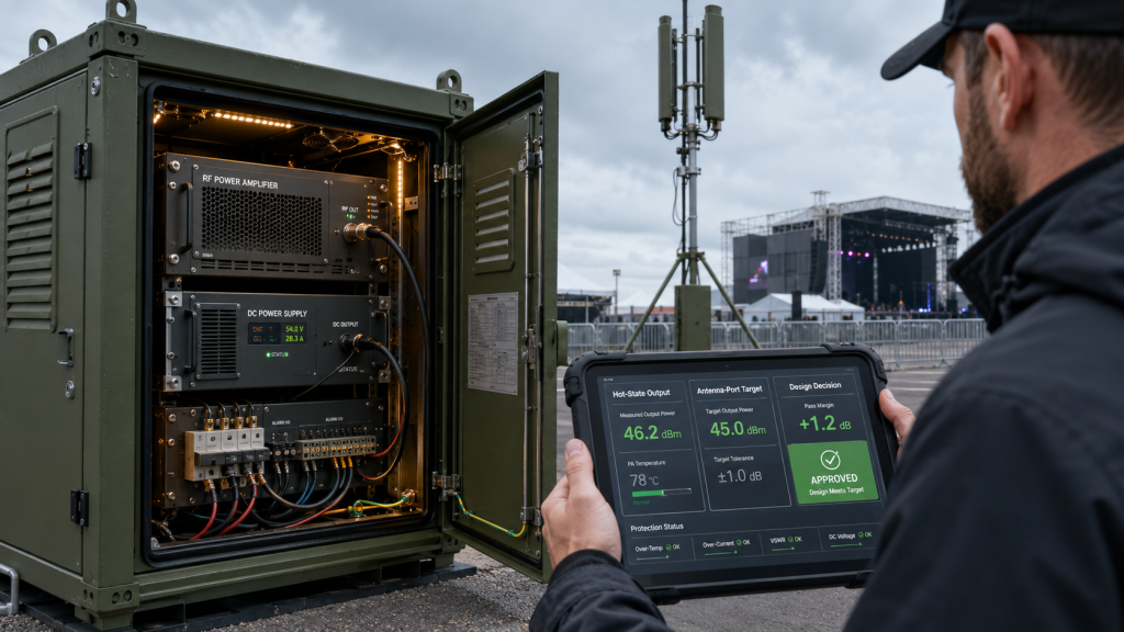 Engineer checking hot-state RF output, antenna-port power, protection status, and final C-UAS design decision