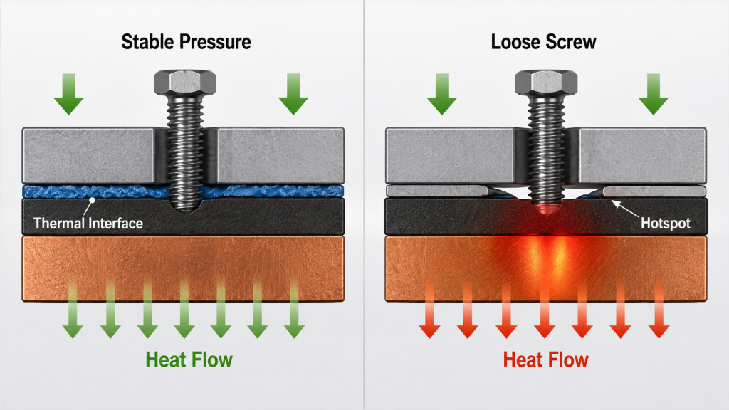 Diagram comparing stable screw pressure and loose screw pressure on a thermal interface, showing uneven heat flow and hotspot formation.