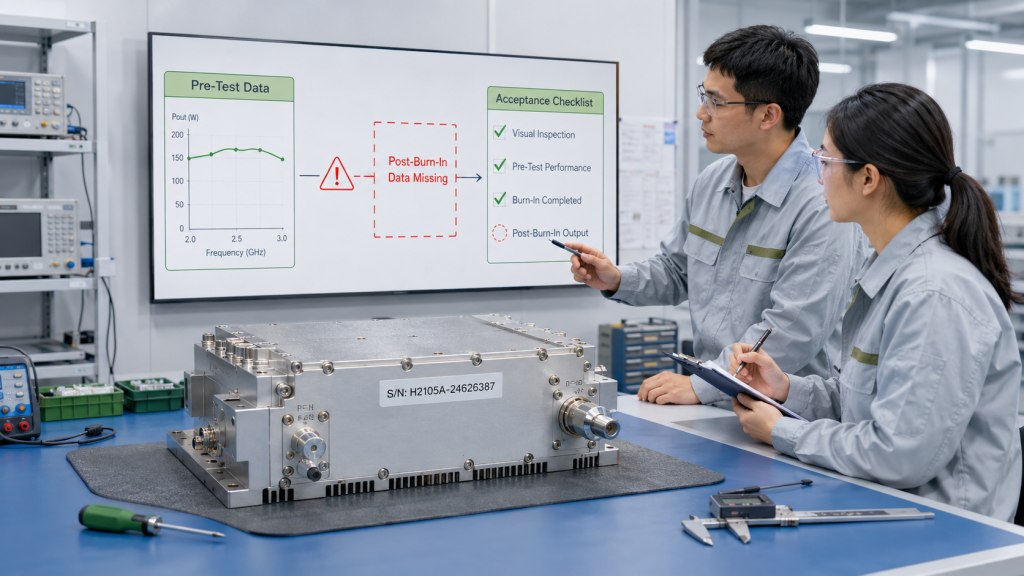 Engineers review missing post-burn-in RF output data before accepting an RF Power Amplifier shipment.