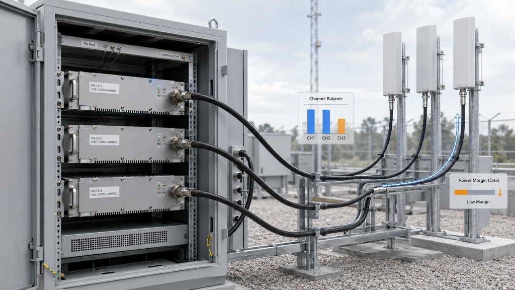 C-UAS RF chain showing how post-burn-in output drift affects antenna power and channel balance.