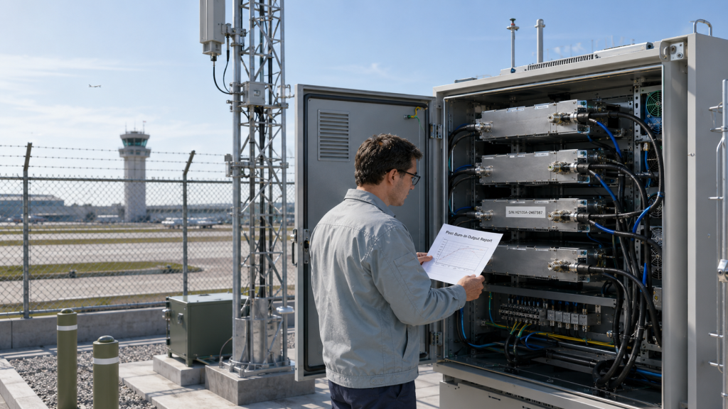 Engineer checks post-burn-in RF output report beside a fixed-site C-UAS cabinet before deployment.