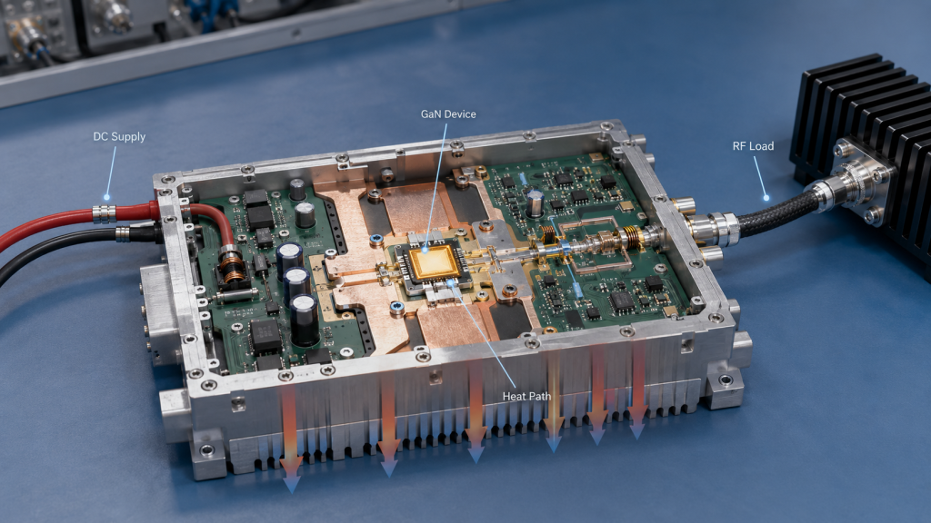 RF Power Amplifier module showing GaN device, heat path, DC supply, and RF load affecting output.
