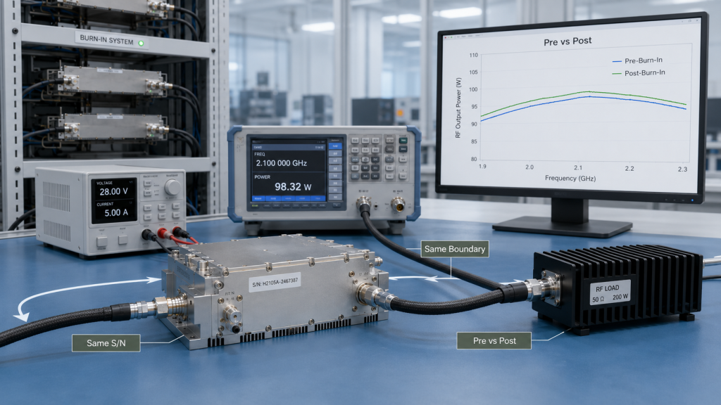 Same RF Power Amplifier module tested before and after burn-in using the same boundary and frequency points.