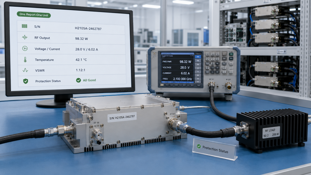 One Report One Unit evidence showing post-burn-in RF output, voltage, current, VSWR, and protection status.