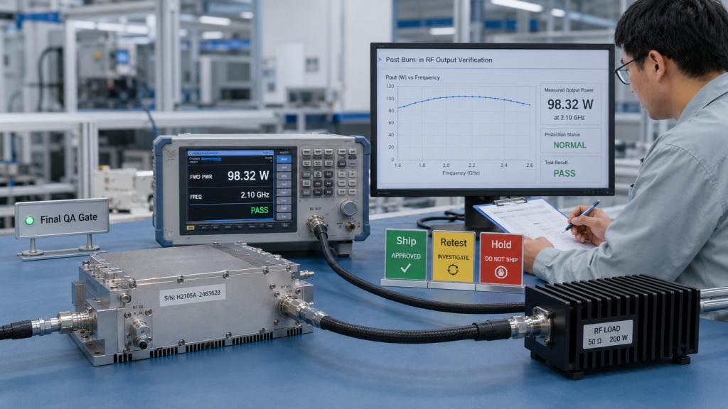 Final QA decision screen for RF Power Amplifier shipment after post-burn-in output verification.