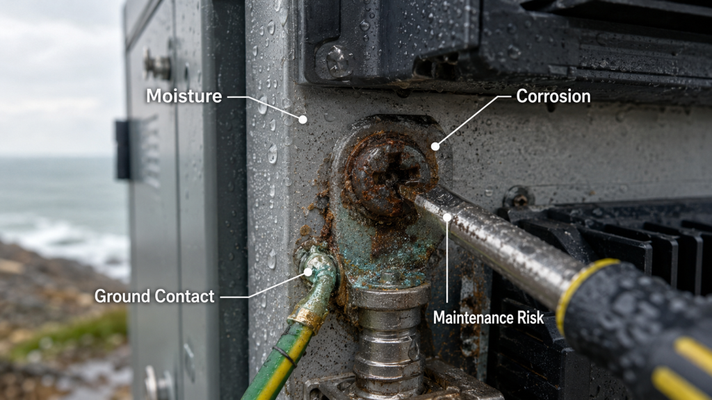 Outdoor RF amplifier cabinet screws exposed to moisture and corrosion, showing ground contact risk and maintenance difficulty.