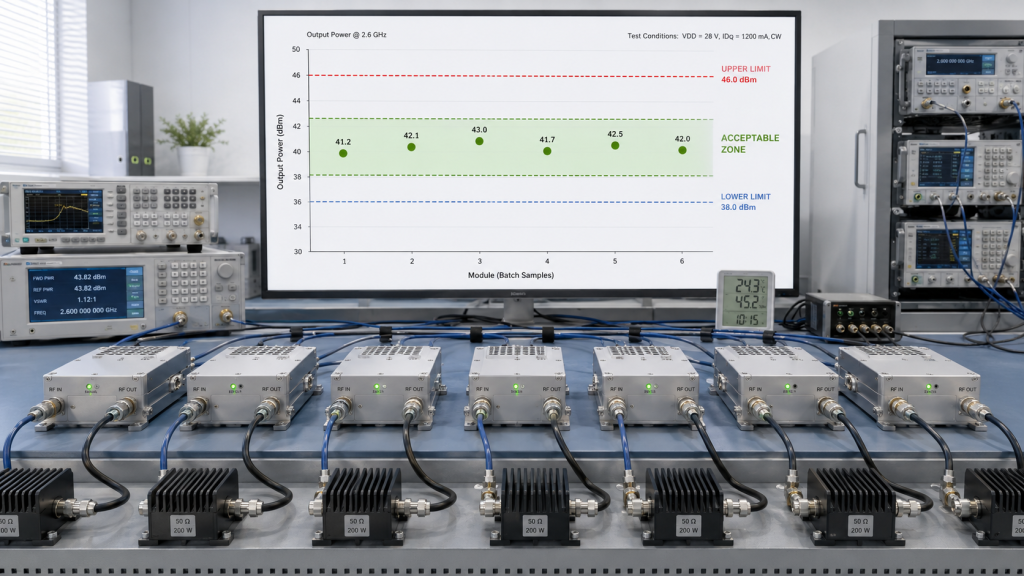 RF Power Tolerance is acceptable when batch PA output stays within defined minimum and maximum limits