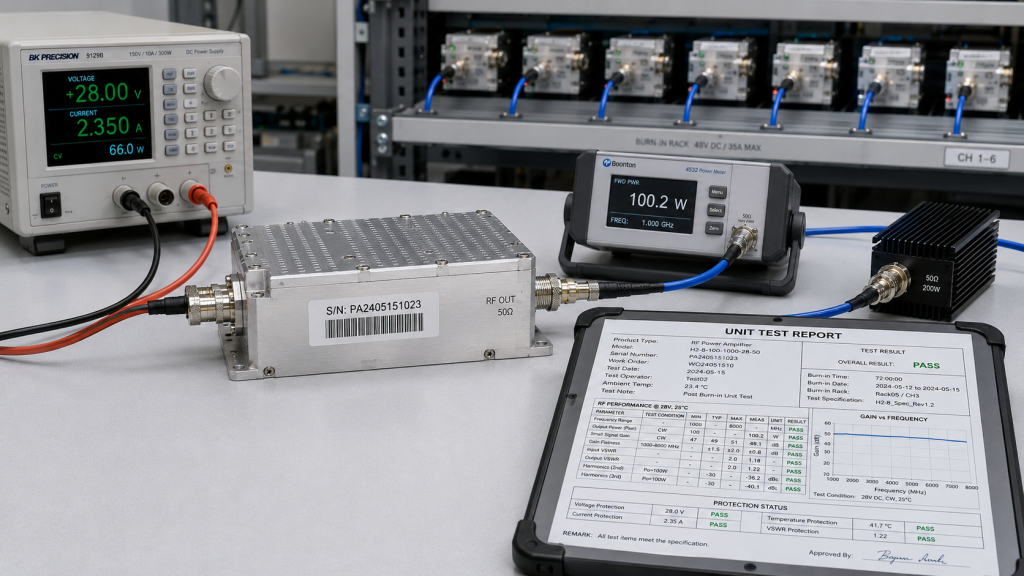 RF Power Tolerance should be proven by serial-number reports, protection status, and post-burn-in data