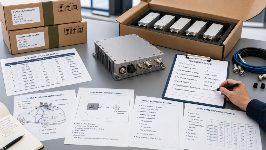 RFQ documents should define RF Power Tolerance, frequency points, output range, and test conditions