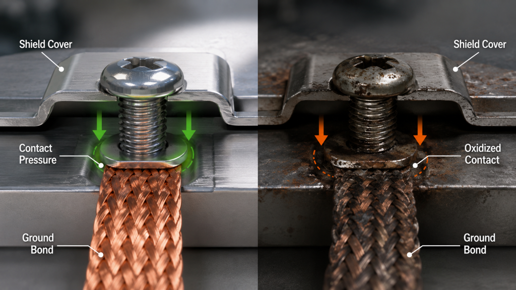 RF cabinet grounding screw comparison showing clean contact pressure and oxidized contact affecting grounding continuity.