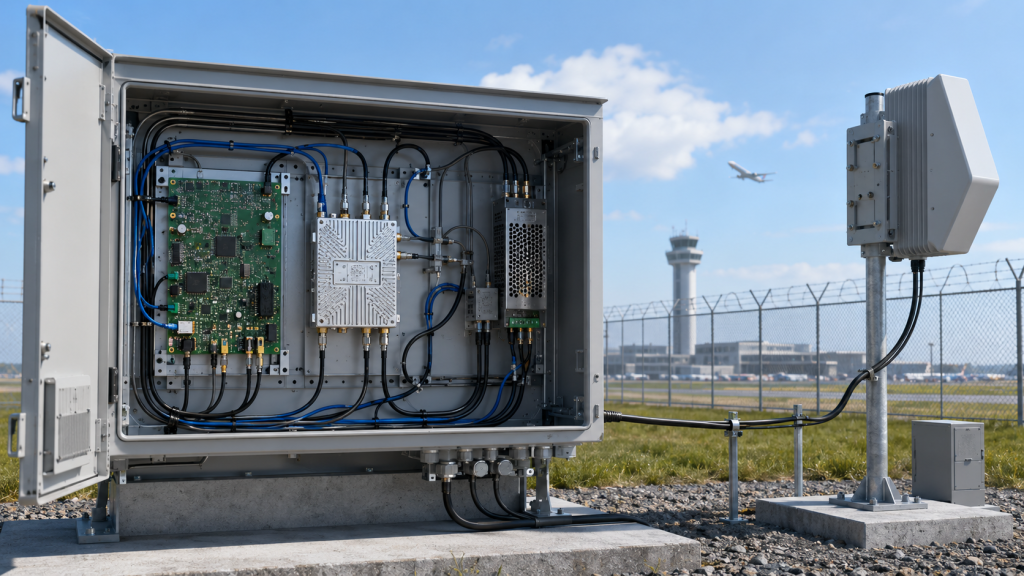 Broadband RF power amplifier positioned inside a C-UAS RF chain between signal source, cabinet routing, feeder cable, and antenna