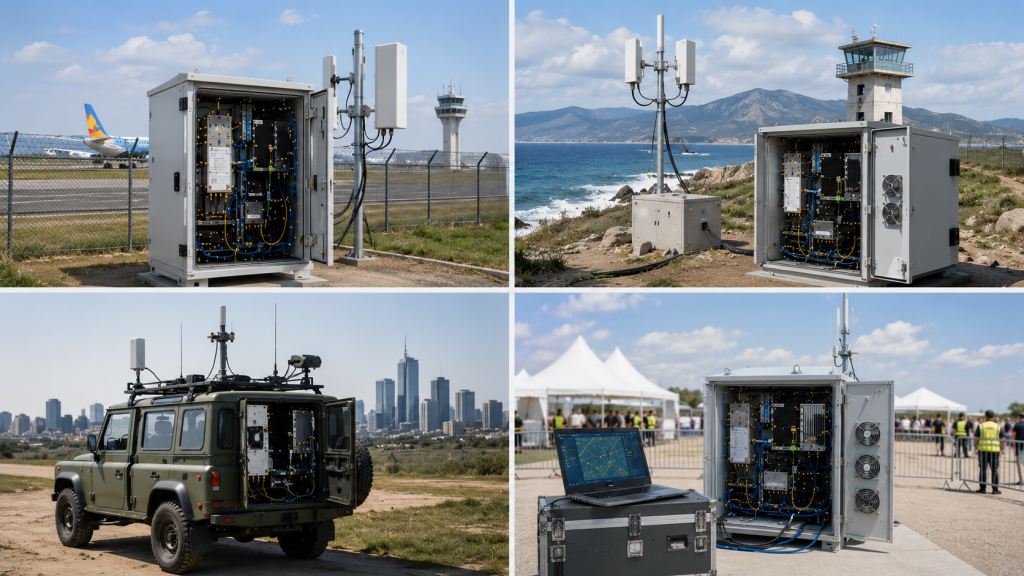 Broadband RF power amplifier selection shown across airport, border, vehicle-mounted, rooftop, and temporary C-UAS deployments