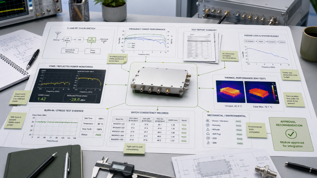Broadband RF power amplifier approval supported by frequency sweep, feeder loss, VSWR, thermal, burn-in, and batch consistency evidence