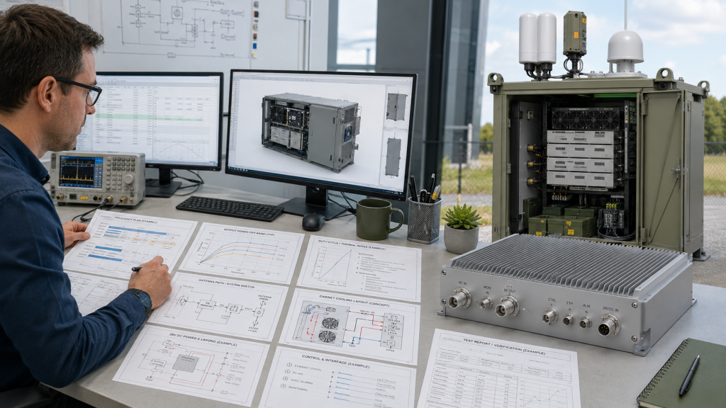 Broadband RF power amplifier RFQ review with frequency plan, output target, duty cycle, antenna path, cooling, control, and test report requirements