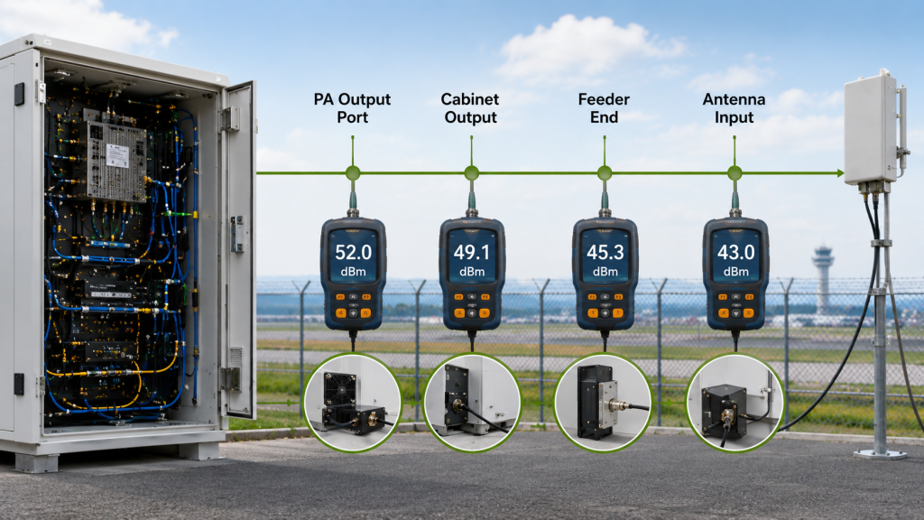 Broadband RF power amplifier output verified at PA port, cabinet output, feeder end, and antenna input measurement boundaries