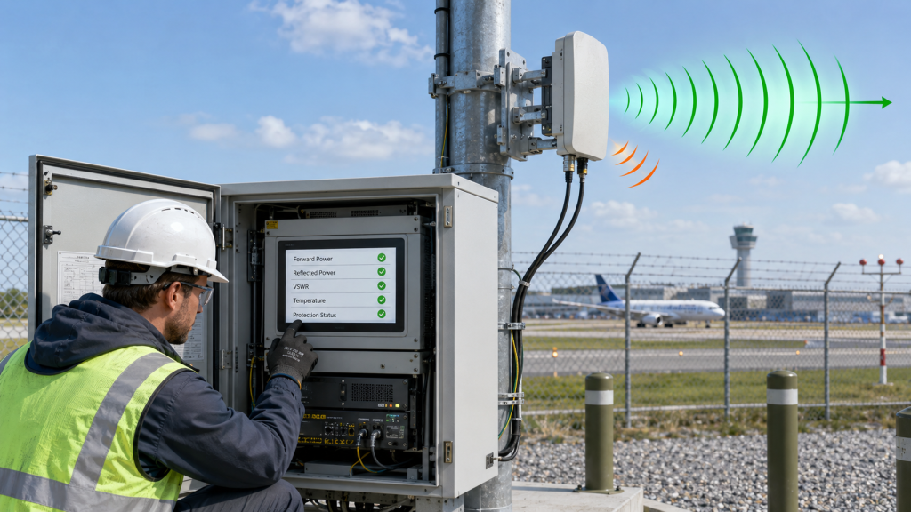 Engineer checking stable VSWR, reflected power, and Usable RF Output Power under controlled antenna mismatch.