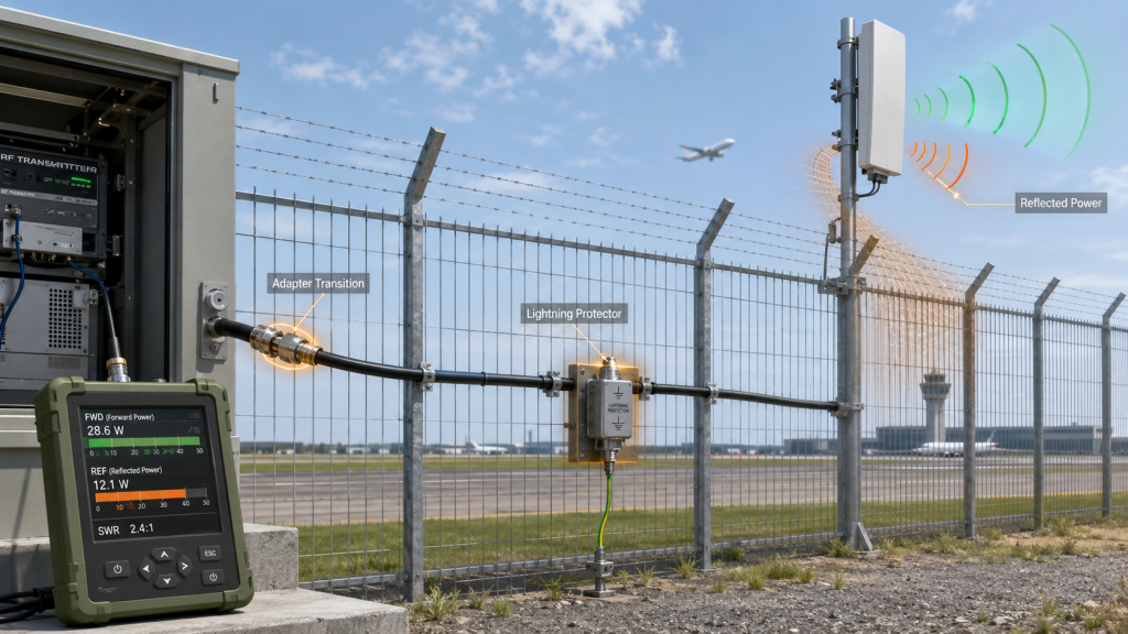 Airport antenna path with feeder, adapters, and metal structures showing Usable RF Output Power risk points.