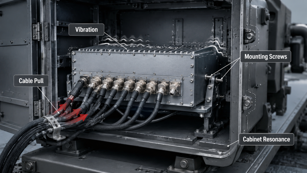 Vehicle-mounted RF amplifier cabinet showing vibration, cable pull, mounting screws, and cabinet resonance affecting fastener reliability.