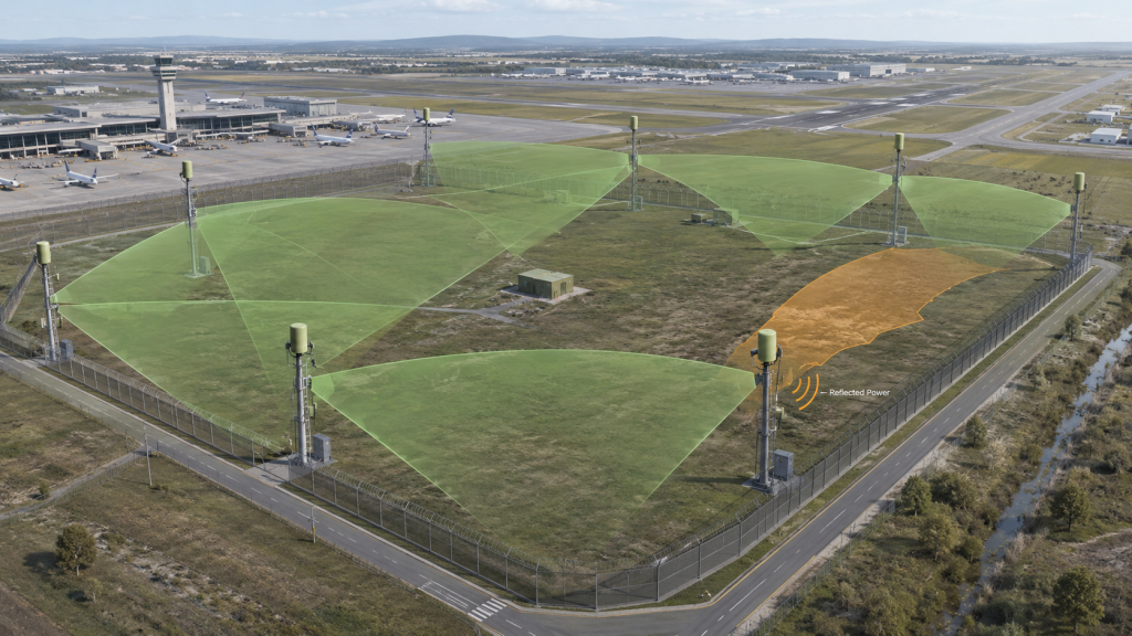 Airport C-UAS coverage map showing how antenna mismatch can reduce Usable RF Output Power in one sector.