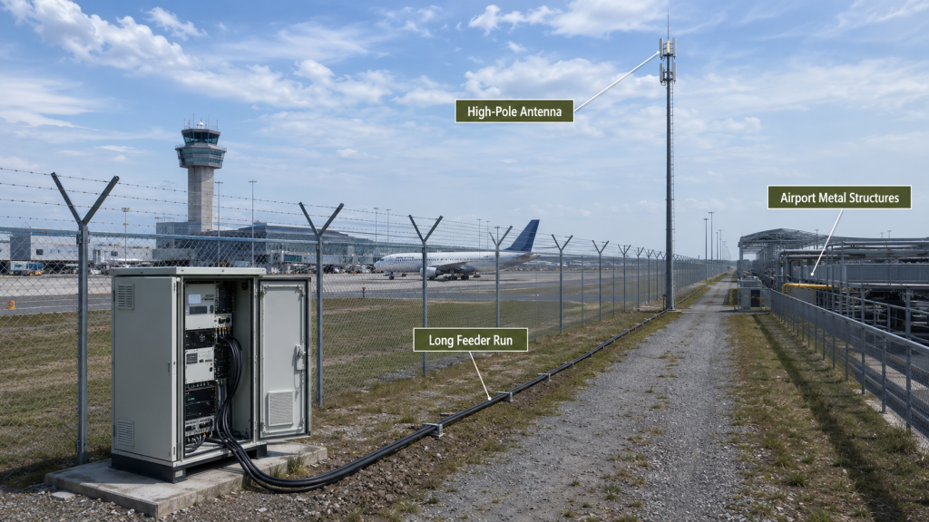 Airport perimeter antenna installation showing feeder length, high-pole mounting, and Usable RF Output Power changes.