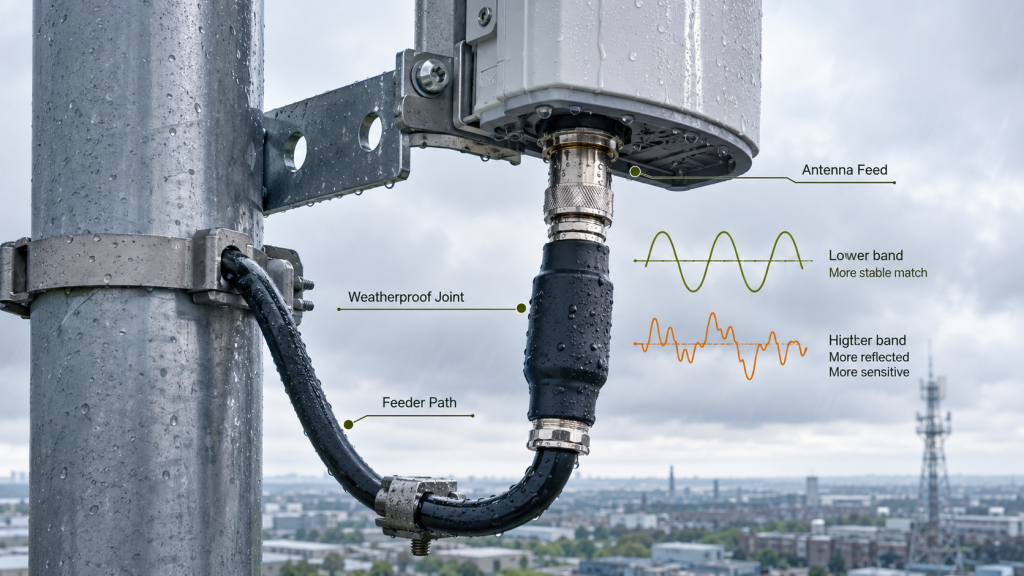 Outdoor feeder, connector, and antenna feed details affecting match and Usable RF Output Power stability.
