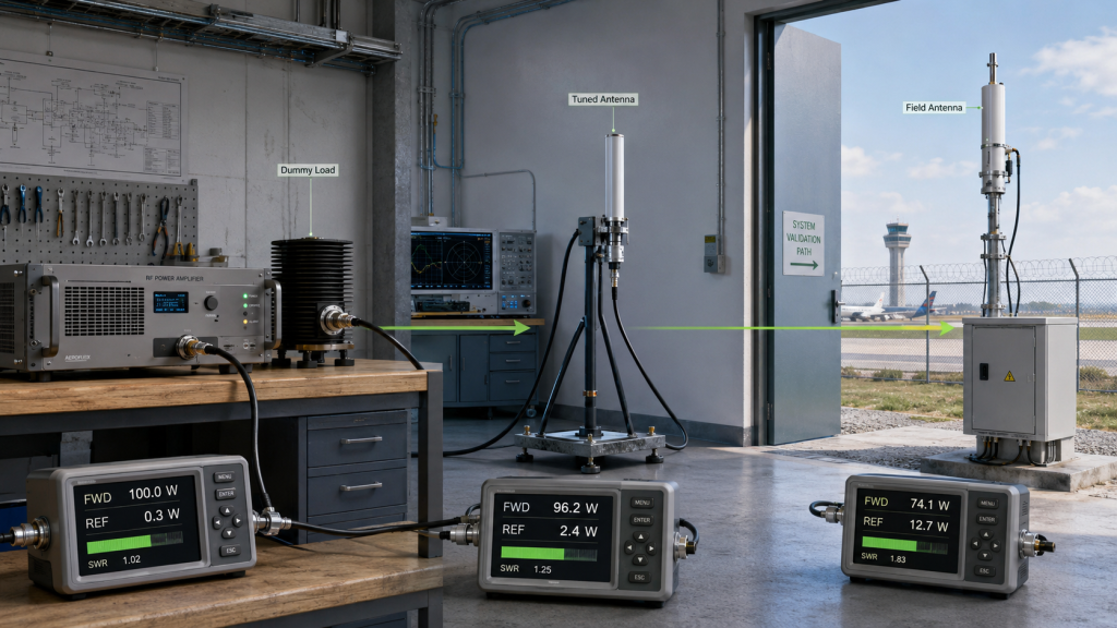 Dummy load, tuned antenna, and field antenna tests comparing Usable RF Output Power under different loads.