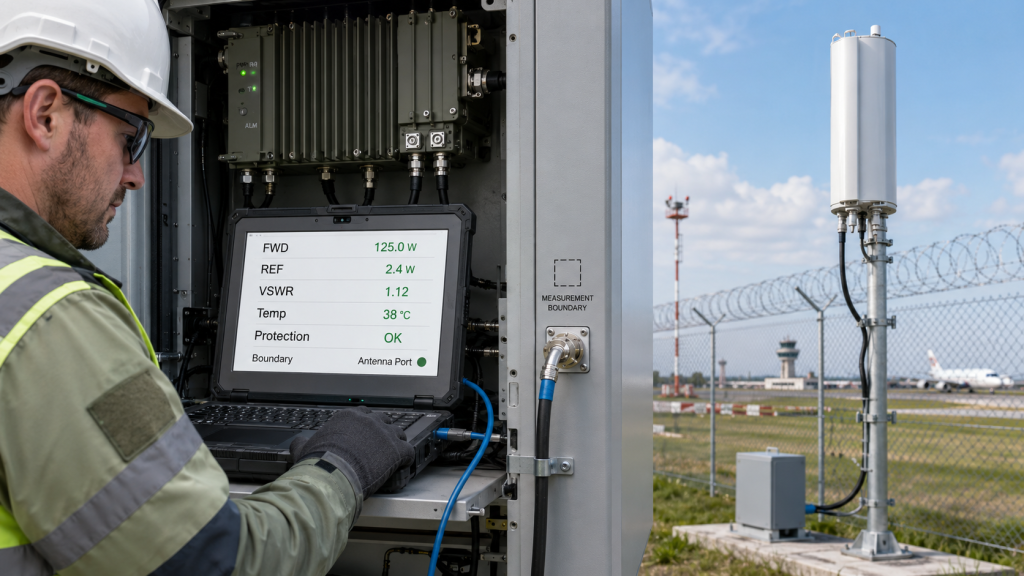 Field test report showing forward power, reflected power, VSWR, and Usable RF Output Power evidence.
