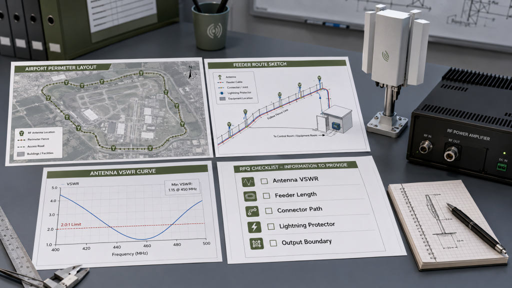 RFQ documents with antenna VSWR, feeder route, and connector path data for Usable RF Output Power review.