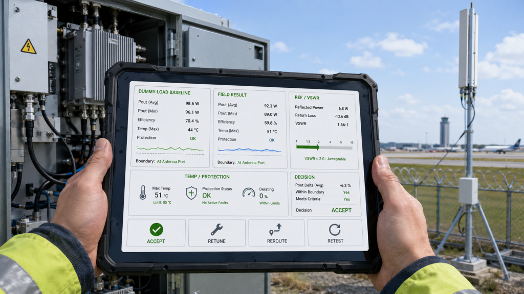 Final acceptance screen reviewing VSWR, reflected power, protection status, and Usable RF Output Power.