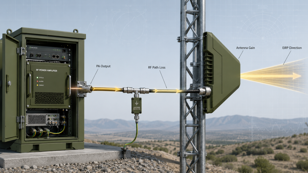 C-UAS System EIRP starts from RF PA output but changes after RF path loss, antenna gain, and antenna direction are included.